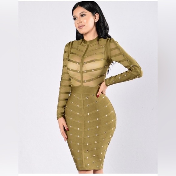 Fashion Nova Dresses & Skirts - Fashion Nova Olive Studded Long Sleeve Dress